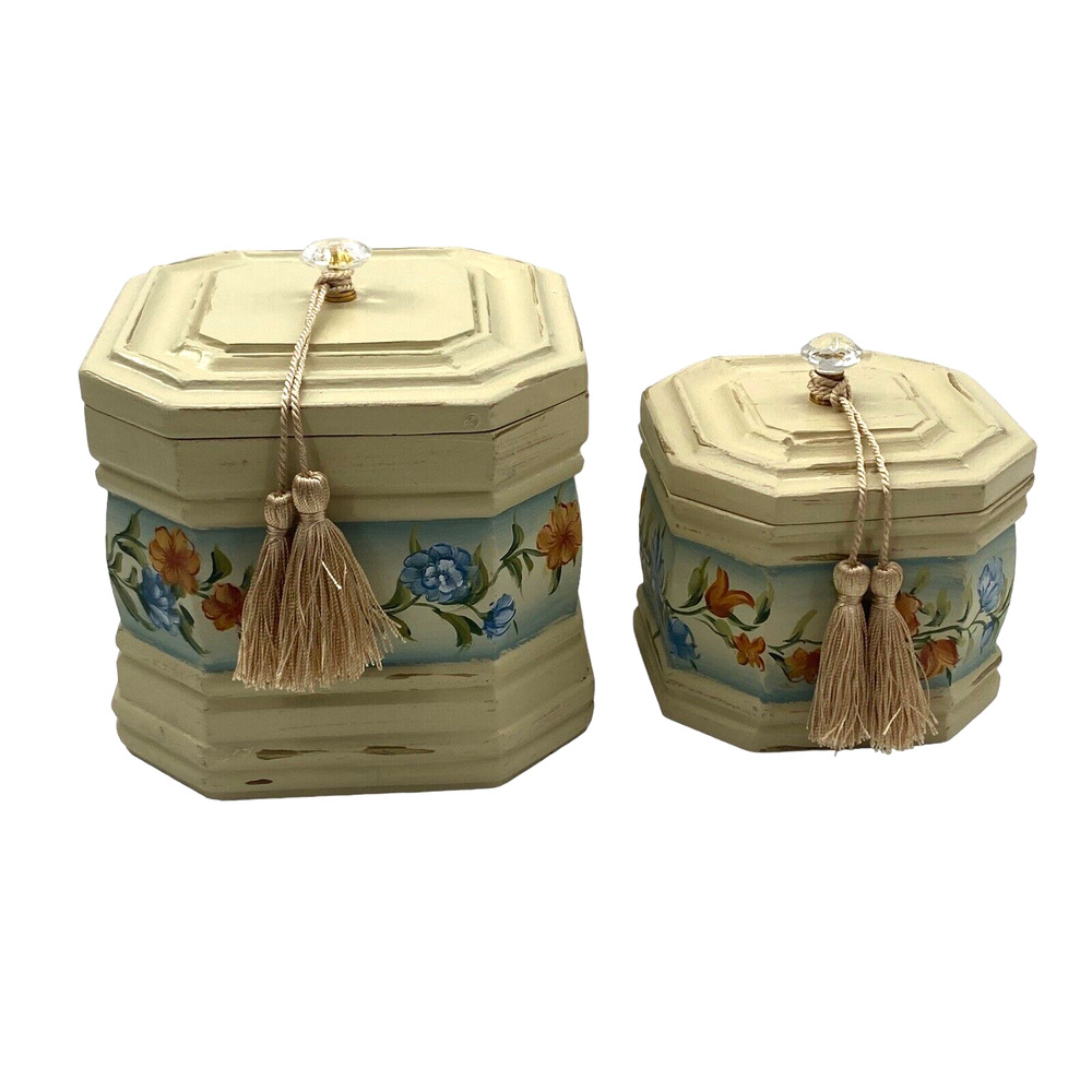 Vintage Hexagon Nesting Wood Jewelry Urn Boxes Floral Shabby Chic Crystal Handle